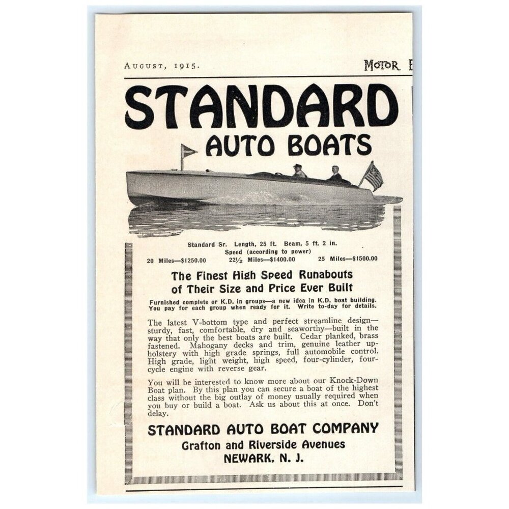 1915 Print Ad Standard Auto Boat Company Finest High Speed Runabouts People Flag